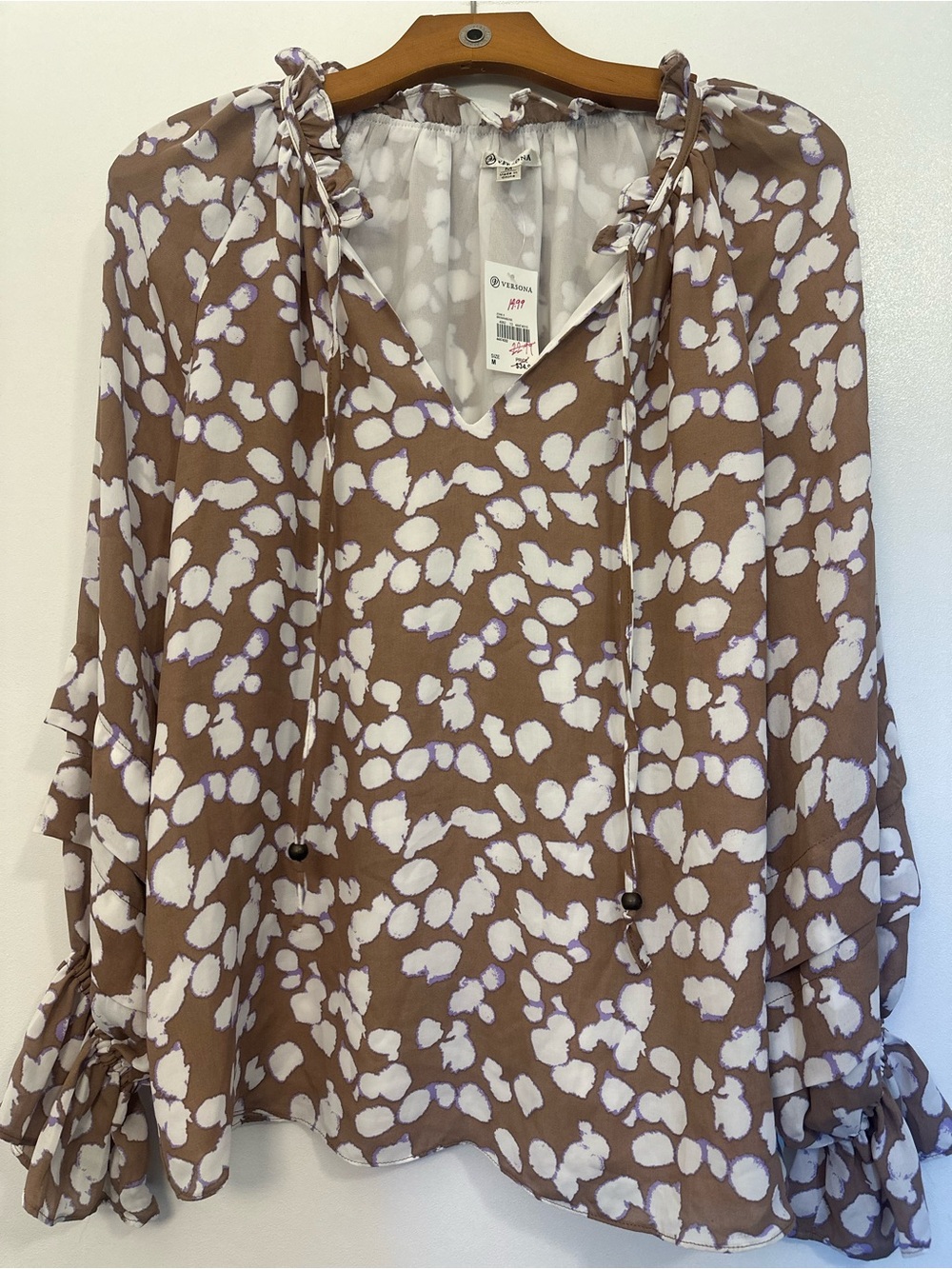 Versona Brown & White Printed Tie-Detail Blouse